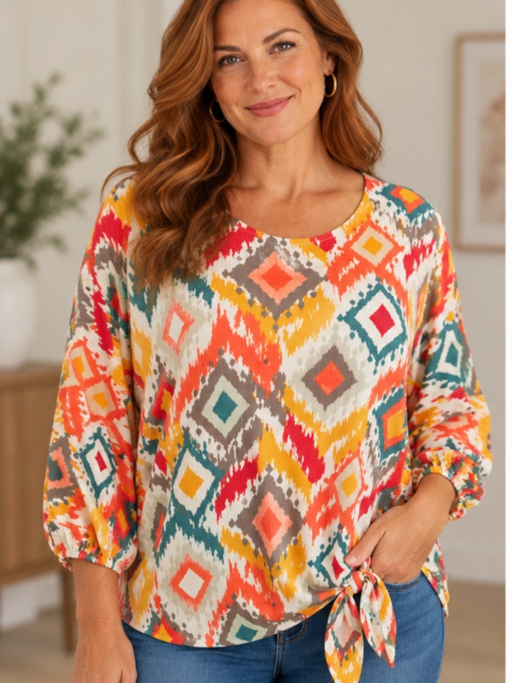 Multiples Women's Colorful 3/4 Sleeve Blouse Shirt Top Medium M Orange Green Red